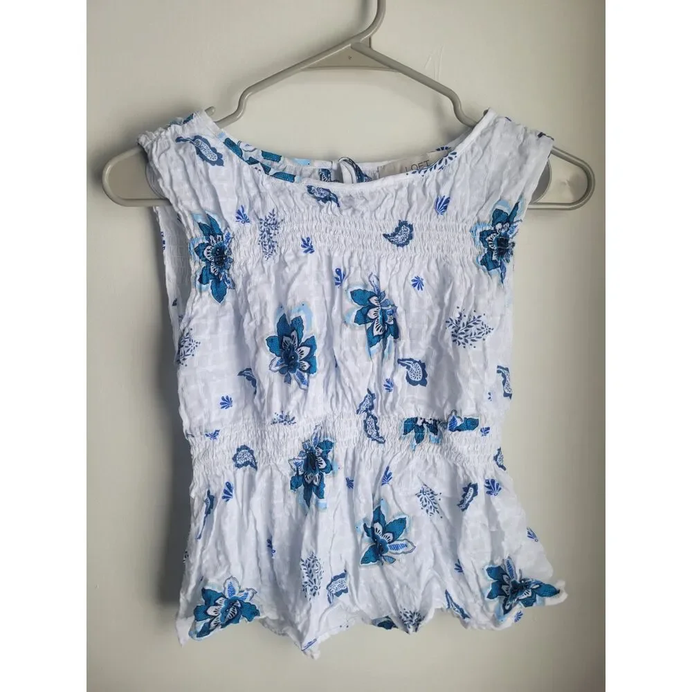 LOFT Extra Small S Sleeveless Top White Blue Paisley Plaid Smocked Peplum Top